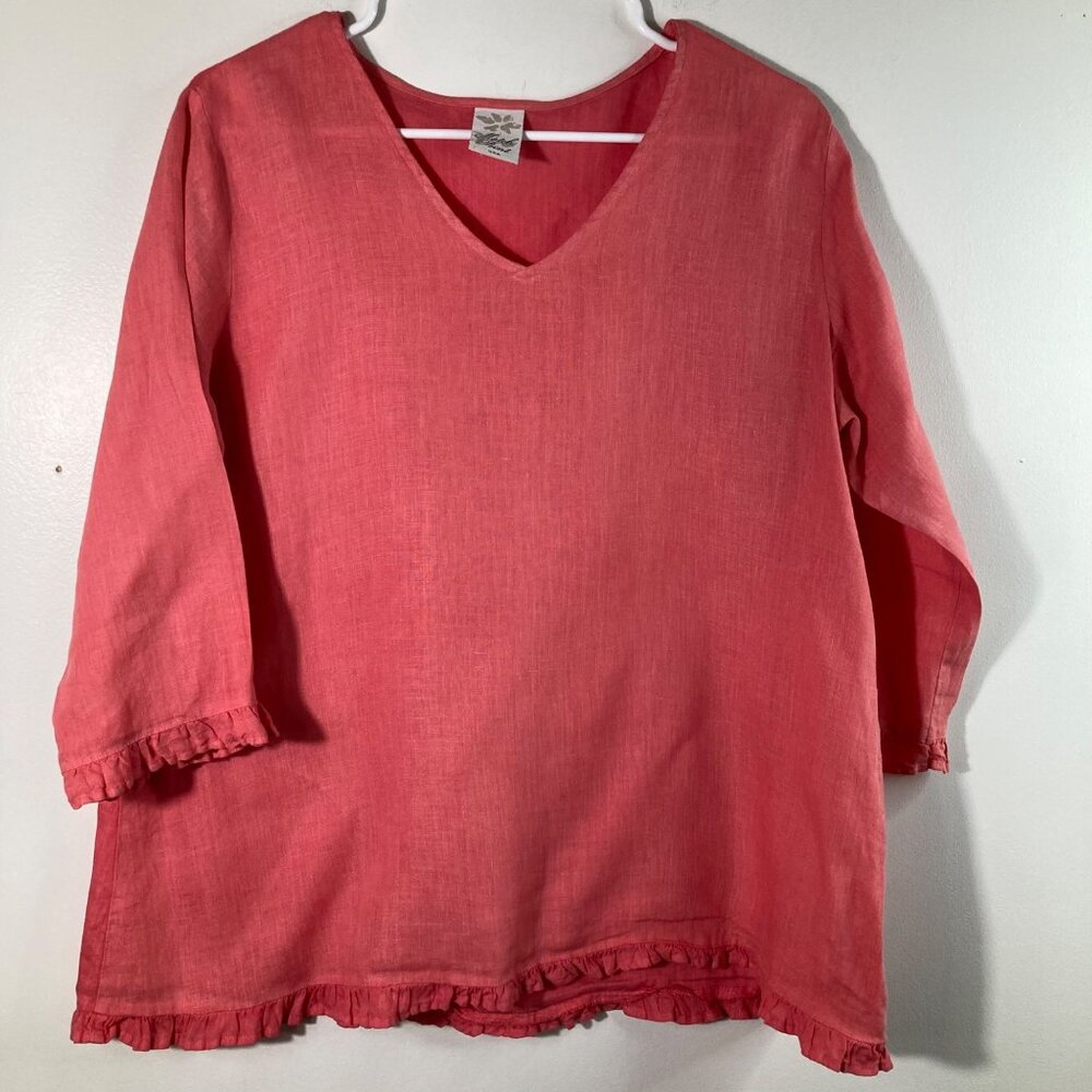 Womens Match Point V Neck‎ Linen Tunic 3/4 sleeve Ruffle Hem S Orange